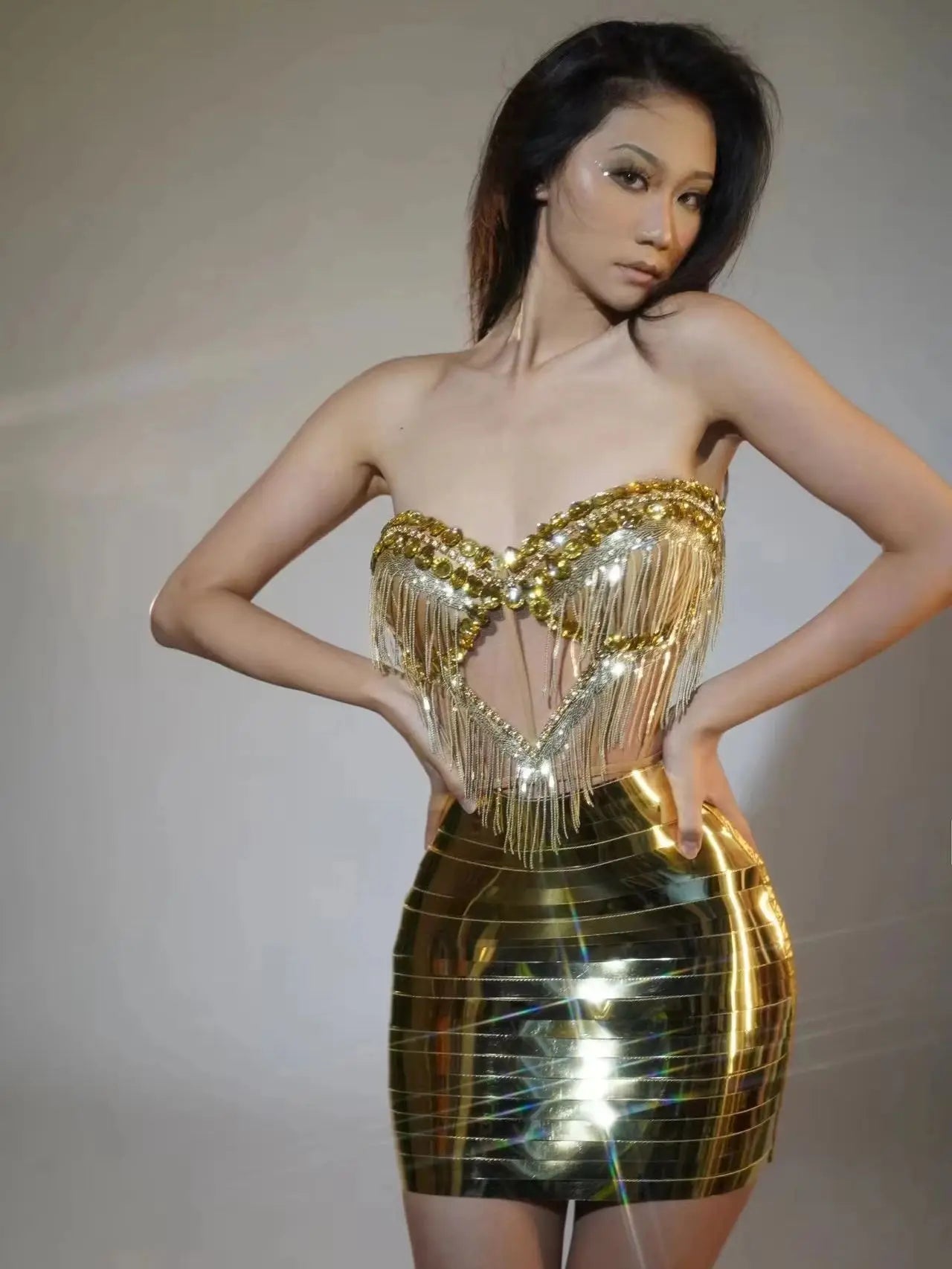 Sparkly Gold Silver Rhinstones Fringes Top Skirt Set Women Sexy Strapless Designer Two Pieces Dress Nightclub Party Stage Outfit